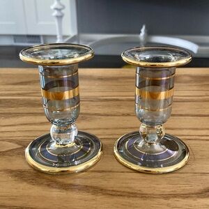 Blue luster glass candle stick holders